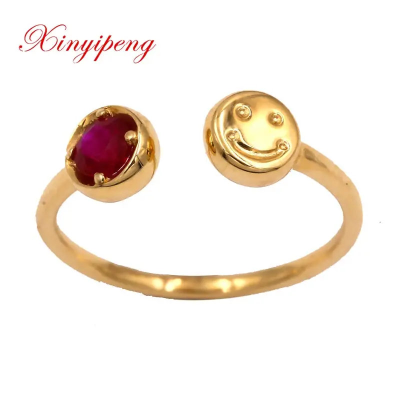 

Xin yi peng 18 k yellow gold inlaid natural pigeons red ruby ring woman ring mouth smiling face fine Au750