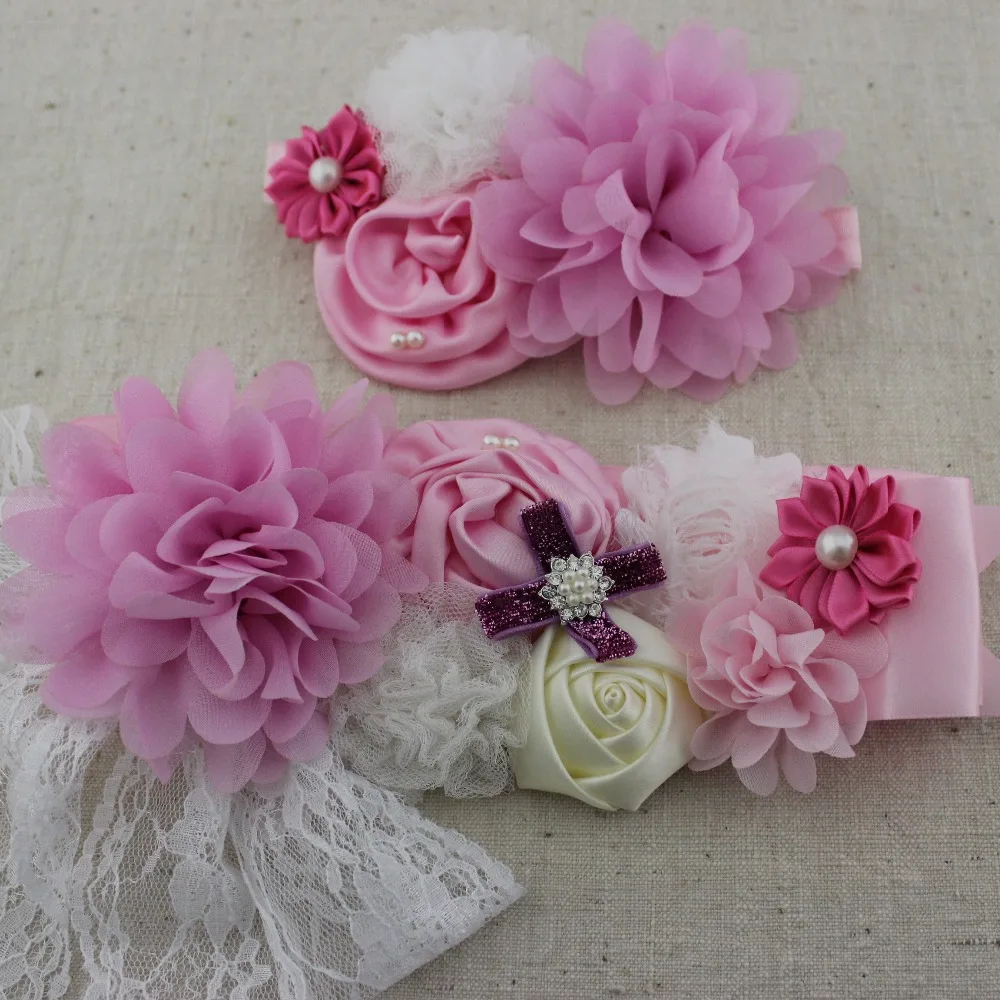 Розовые повязки на голову для девочек, кружевной шифоновый сатиновый пояс с цветком, пояс с жемчужинами, лента для волос, женский свадебный аксессуар