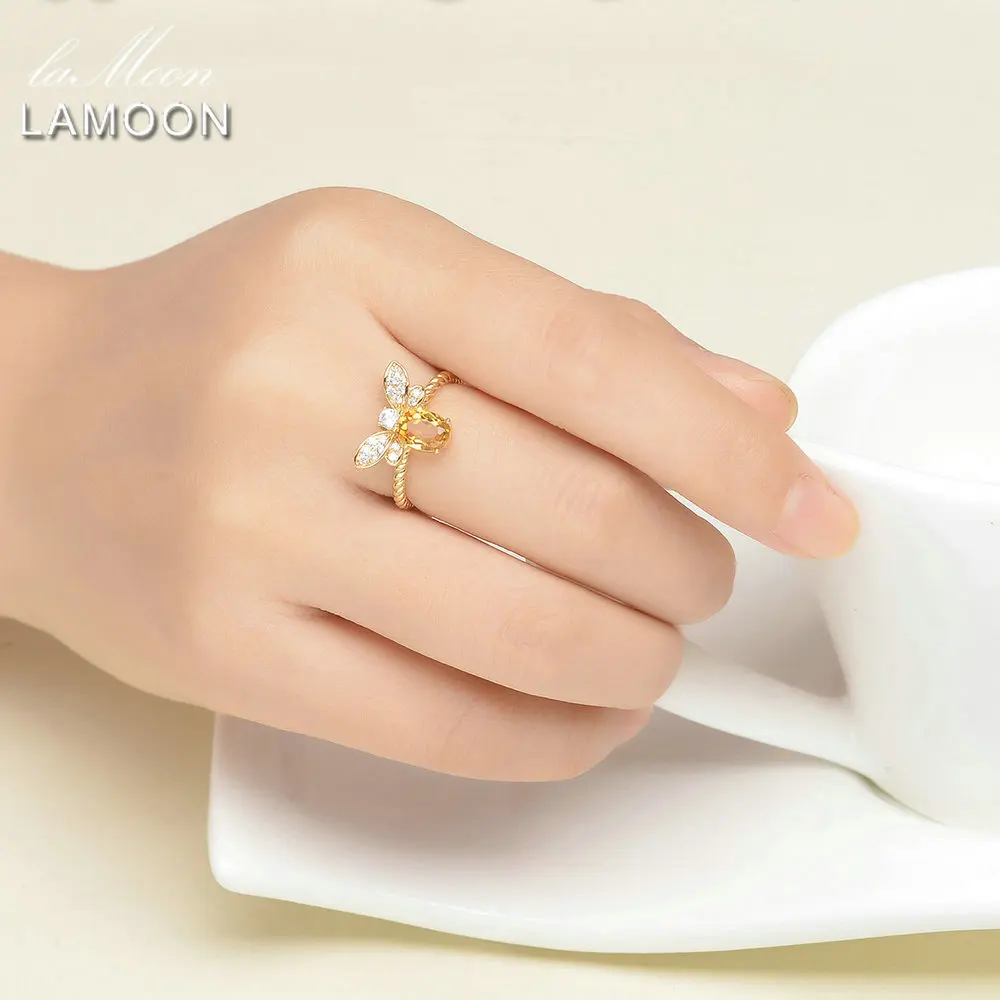 LAMOON Women Rings 925 Sterling Silver Fine Jewelry Animal Bee 5x7mm 1ct Natural Oval Citrine Wedding Ring Fashion Anillos Mujer