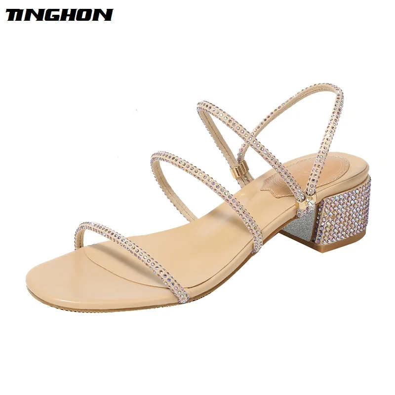

TINGHON Women Casual Summer Mid Slippers Flip Flops Female Breathable Rhinestone Sandals Outside Shoes Girls High Quality