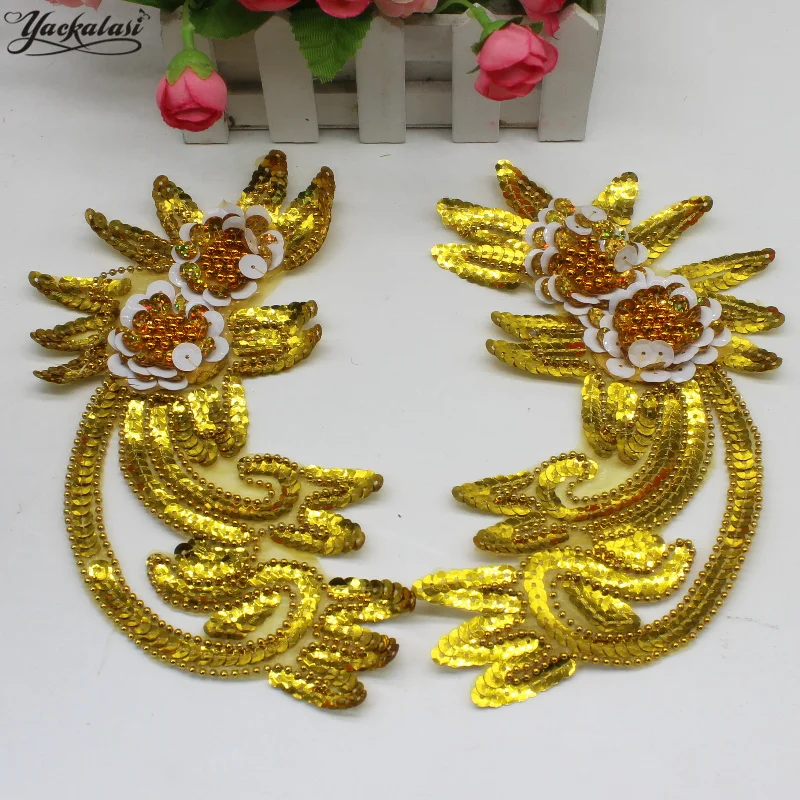 

YACKALASI 5 Pairs/Lot Sequined Applique Beaded Flower Costume Trims 3D Floral Mirror Pair gold and silver 11.5*22cm