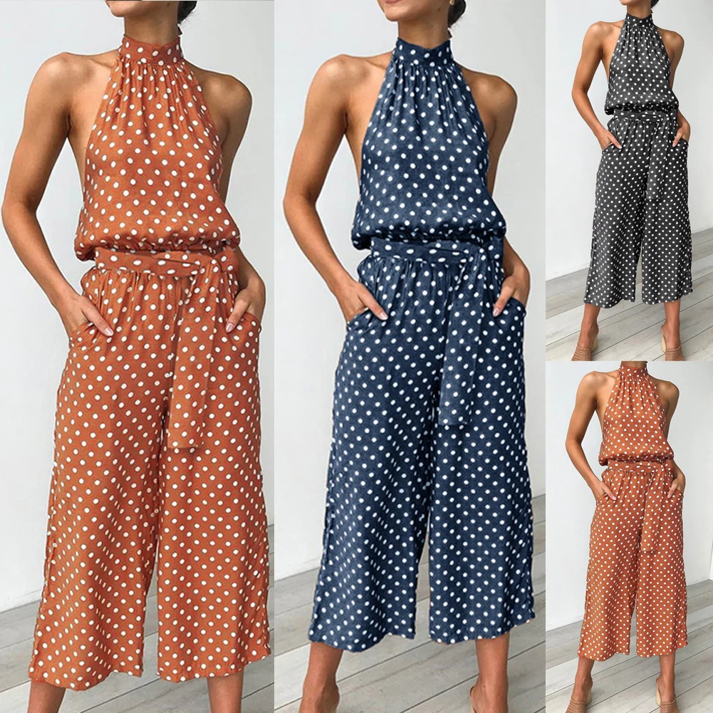 Polka Dots Print Turtleneck Shirred Waist Women Super Comfy Fashion Trendy Boho Print Loose Long Wide Leg Trousers Jumpsuit