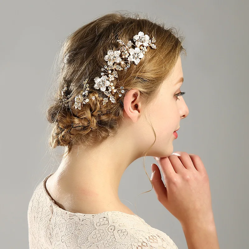 

Vintage Gold Hair Combs Flower Pearl Barrettes Crystal Bridal Hair Comb Weddings Hair Accessories Women Fashion European Jewelry