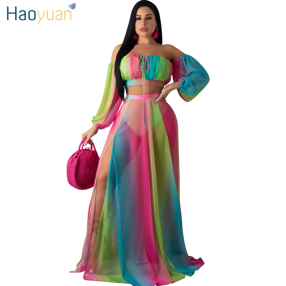 

HAOYUAN Chiffon Mesh Sheer Two Piece Matching Sets Women Clothes Club Crop Top and High Slit Maxi Skirt 2 Piece Beach Outfits