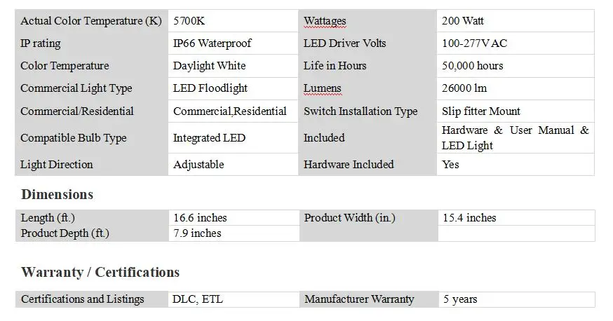 1. Wattage 200W 2. Wide Voltage 100-277V AC 3. Lumens  26000lm 4. Material  Die-casting Aluminum and lens 5. Color Temperature  5700K Daylight White 6. Power factor 0.95  7. IP rating IP66 Waterproof 10. Warranty 5 years