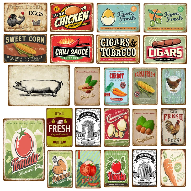 

Farm Fresh Eggs Chicken Metal Poster Sweet Corn Tobacco Tomato Potato Wall Decor Art Painting Plaque Vintage Iron Signs