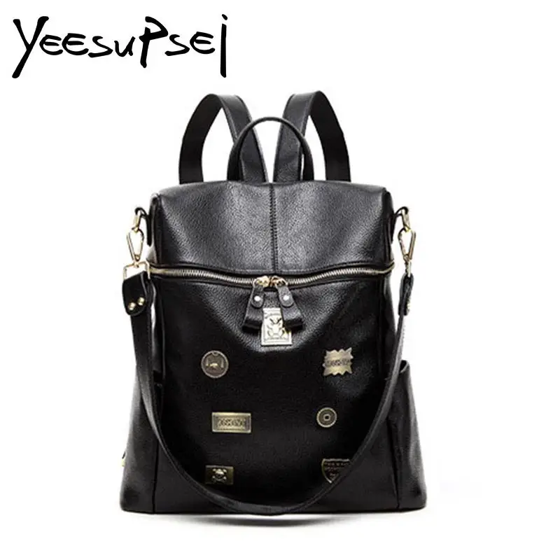 

YeeSupSei Women Pu Leather Backpack Large Shoulder Travel Bag Fashion Metal Badge Soft Black Backpacks School Teenagers Girl Bag