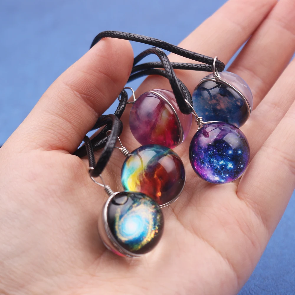 

Universe Sky Planet Crystal Stars Ball Glass Galaxy Pattern Leather Chain Pendants Necklace Jewelry Unique Lovely Gift Items