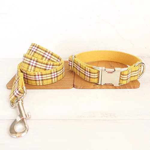 Dog Collar Leash Set 10 шт./партия MUTTCO оптом прочные Мягкие ошейники для собак ручной работы хлопковые и нейлоновые ошейники для собак в клетку лимона 5 размеров UDC057 - Цвет: Dog Collar Leash Set