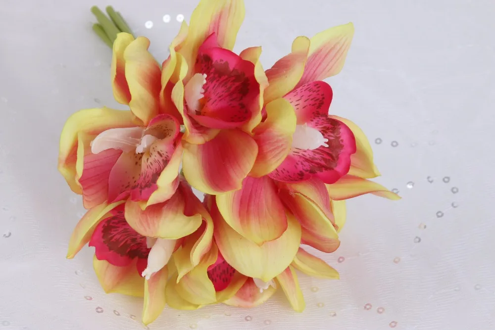 Flone 6 Heads Artificial Cymbidium Flowers Simulation Orchid Bouquet Real Touch Fake Flowers For Wedding Home Party Decoration (13)