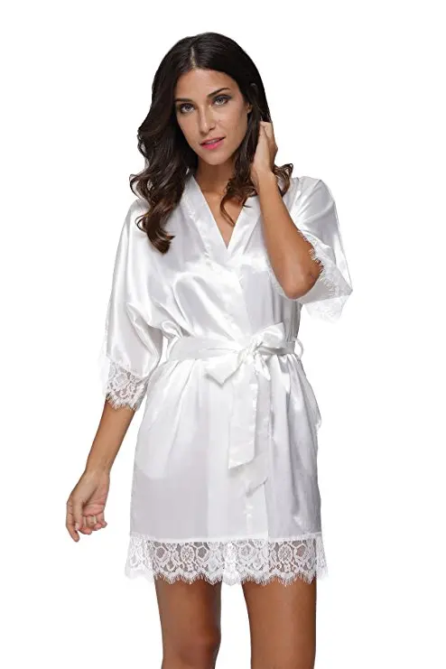 Sexy Bridesmaid Short Satin Bride Robe Lace Kimono Women Wedding Sleepwear Summer Female Bathrobe Lingerie Clothes Home Femme L3