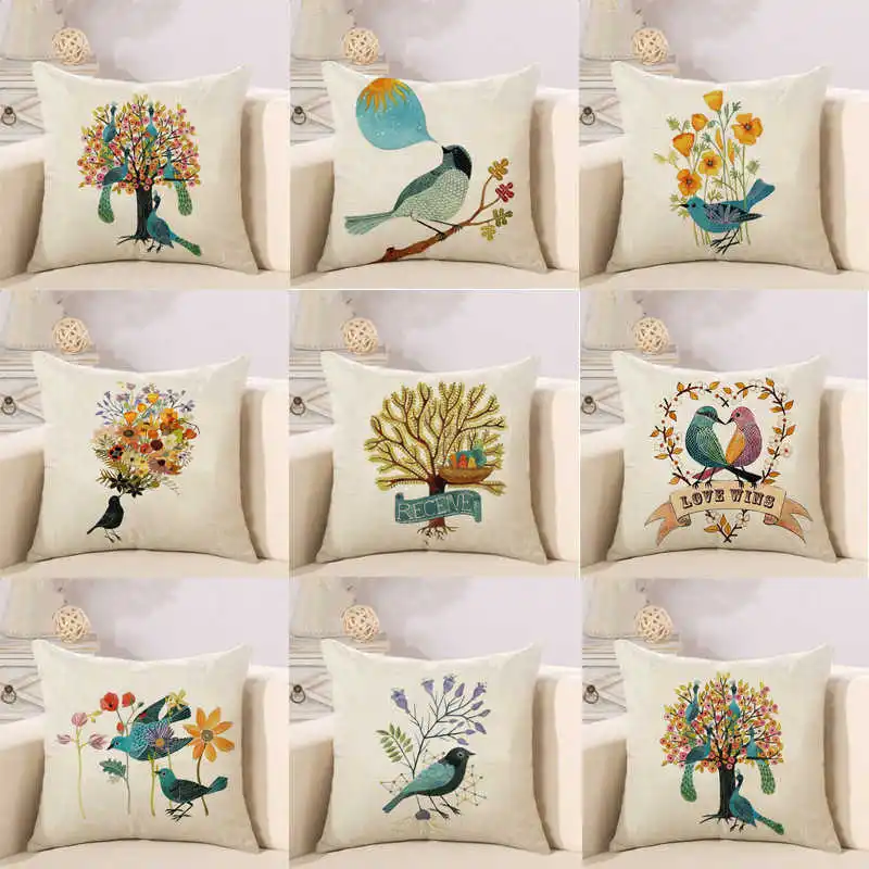 Cotton Linen Throw Pillow Case Home Sofa Decorative Painting Floral Birds Cushion Cover | Дом и сад