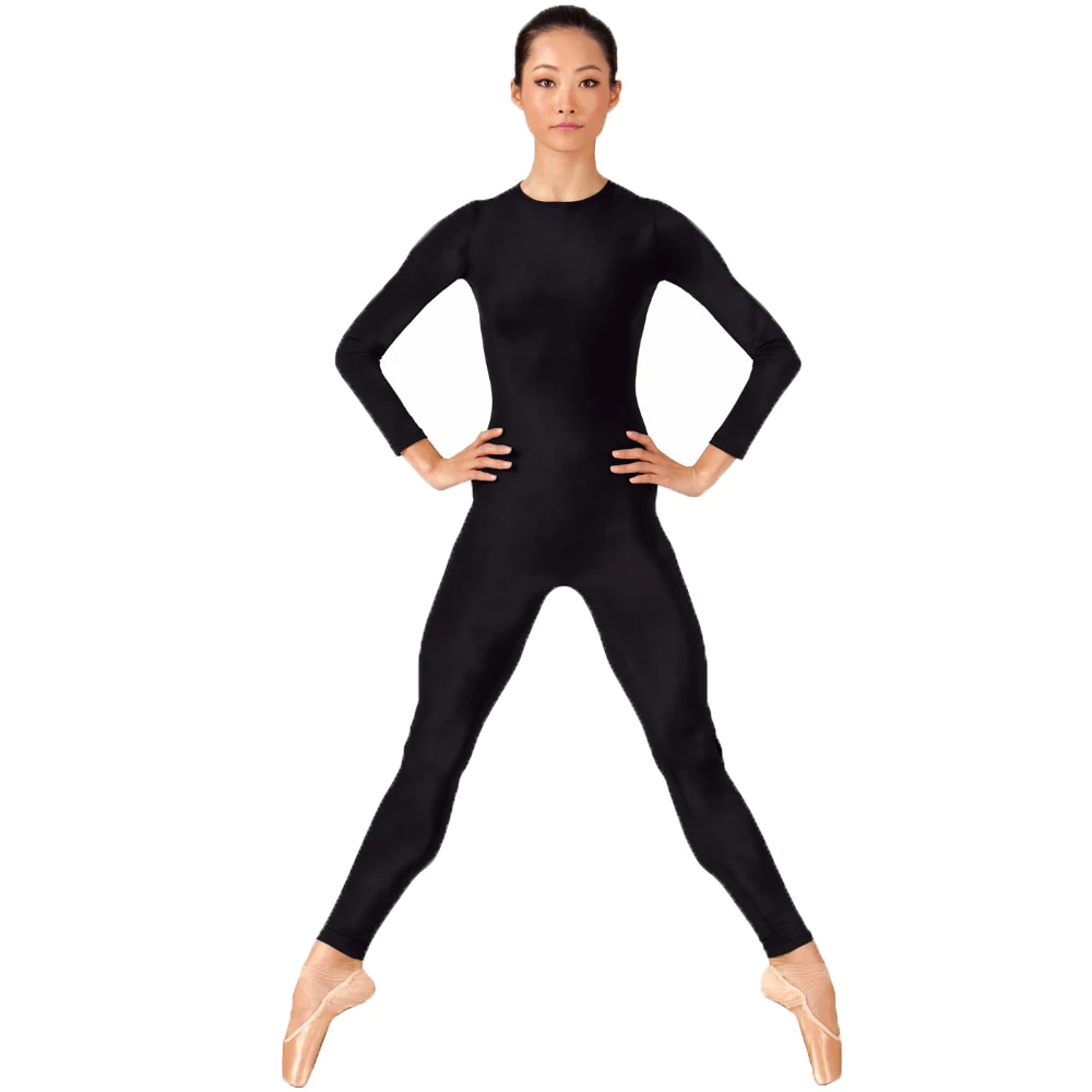 

Womens Full Body Dance Unitard Adults Black Crew Neck Long Sleeve Gymnastics Unitards Jumpsuits Sports Wear Skin Tights