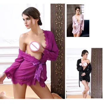 

women's exotic apparel Transparent baby doll sexy Lace eyelash lace lingerie Sexy Sleepwear Bathrobes pajamas set