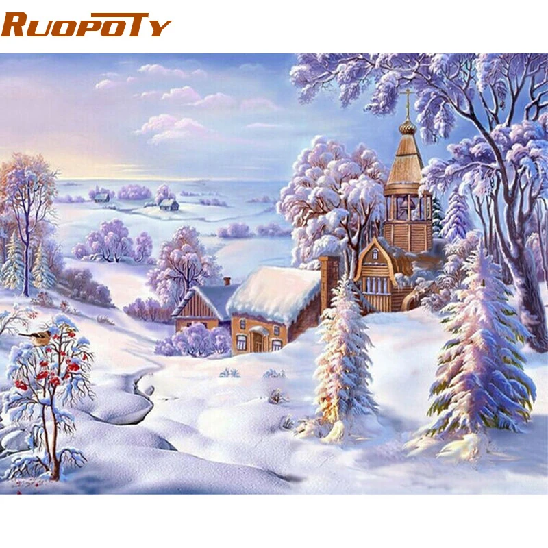 RUOPOTY Рамка Картина деревенский Снег DIY Краска по номерам Mdoern настенная живопись пейзаж краска по номерам уникальный подарок для домашнего искусства
