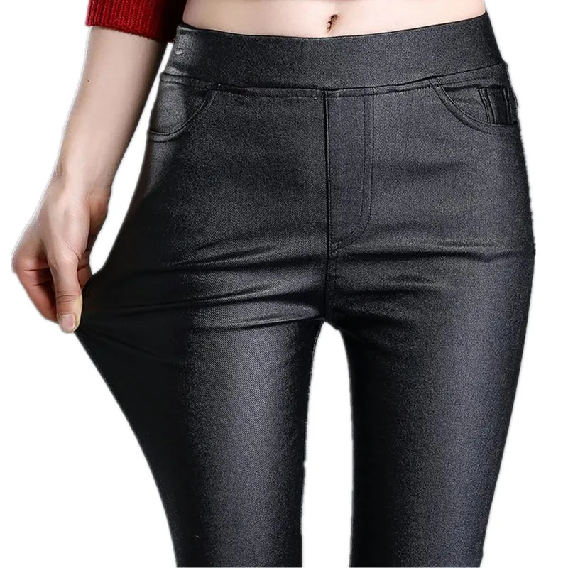 Fashion Female pants Matte leather pants Spring/autumn Women Tall waist long pants black Coating