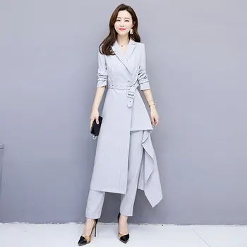 

Women's suit spring and autumn long women's casual irregular striped suit two-piece suit (jacket + pants)