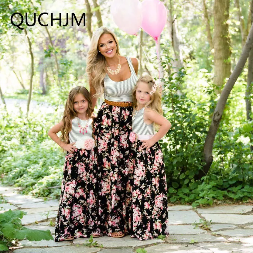 

Family clothes sets Striped Tops+Rose Print Bottom Vest Dress Mother/Mom and Daughter Dresses Clothes Matching Family Clothing