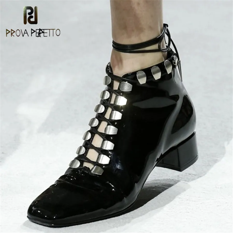 Prova Perfetto New High Quality Real Leather Boots Rivets Lace-up Suqare Heel Ankle Boots For Women Low Heel Motorcycle Boots
