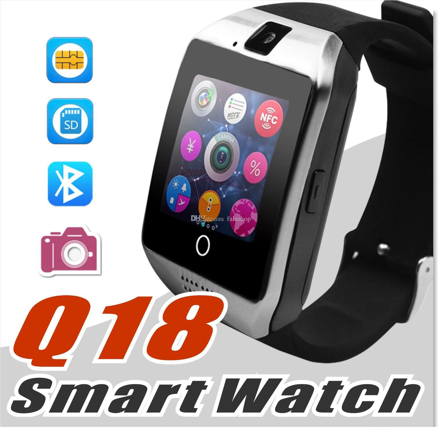 

Retail Q18 Bluetooth Smart Watch Support SIM Card NFC Connection Health Smartwatches For Android iOS With Rectangle Package