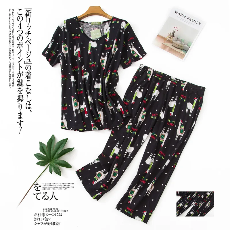 

Comfortable Female Casual Cartoon pajama sets Women Short sleeve Round Collar t Shirt + Pants Ladies 100% Cotton sleepwear suit
