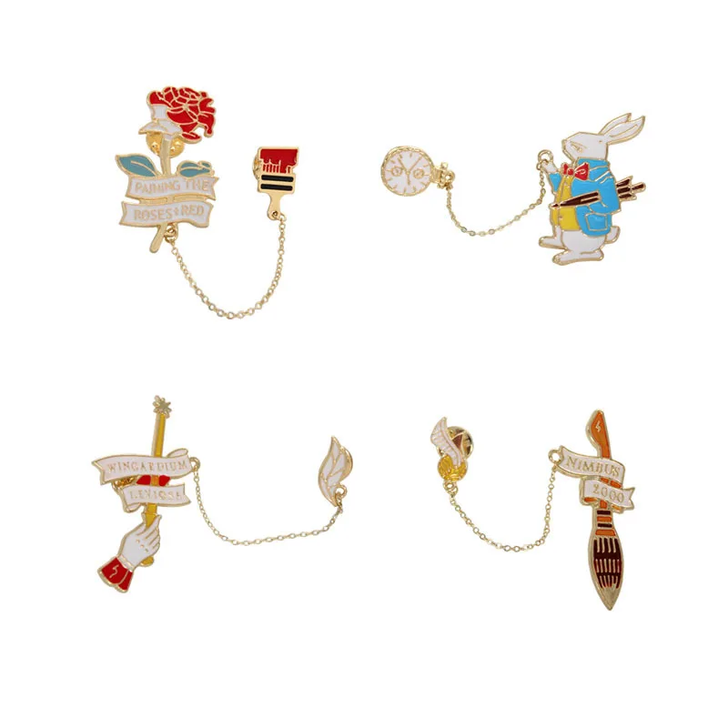

Cartoon Cute Enamel Alice Rabbit Rose Flower Clock Brooches Pins Badge Pin Jeans Clothes Badge Fashion Jewelry For Women Gift