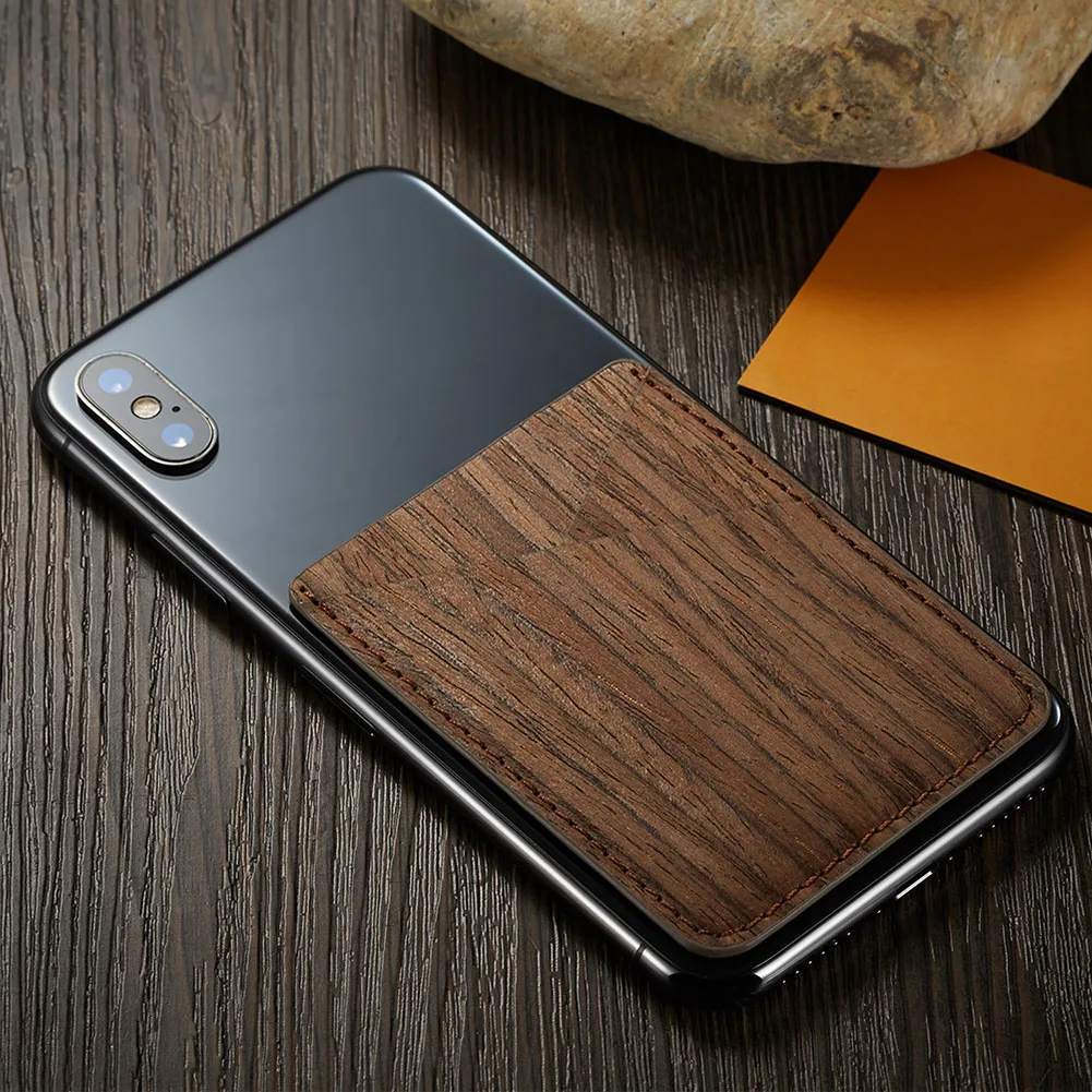 

Card Holder Credit Pocket Fashion Mini Stick On Phone PU Leather Ultra Slim Multifunction Purse Wallet Wood Pattern Universal