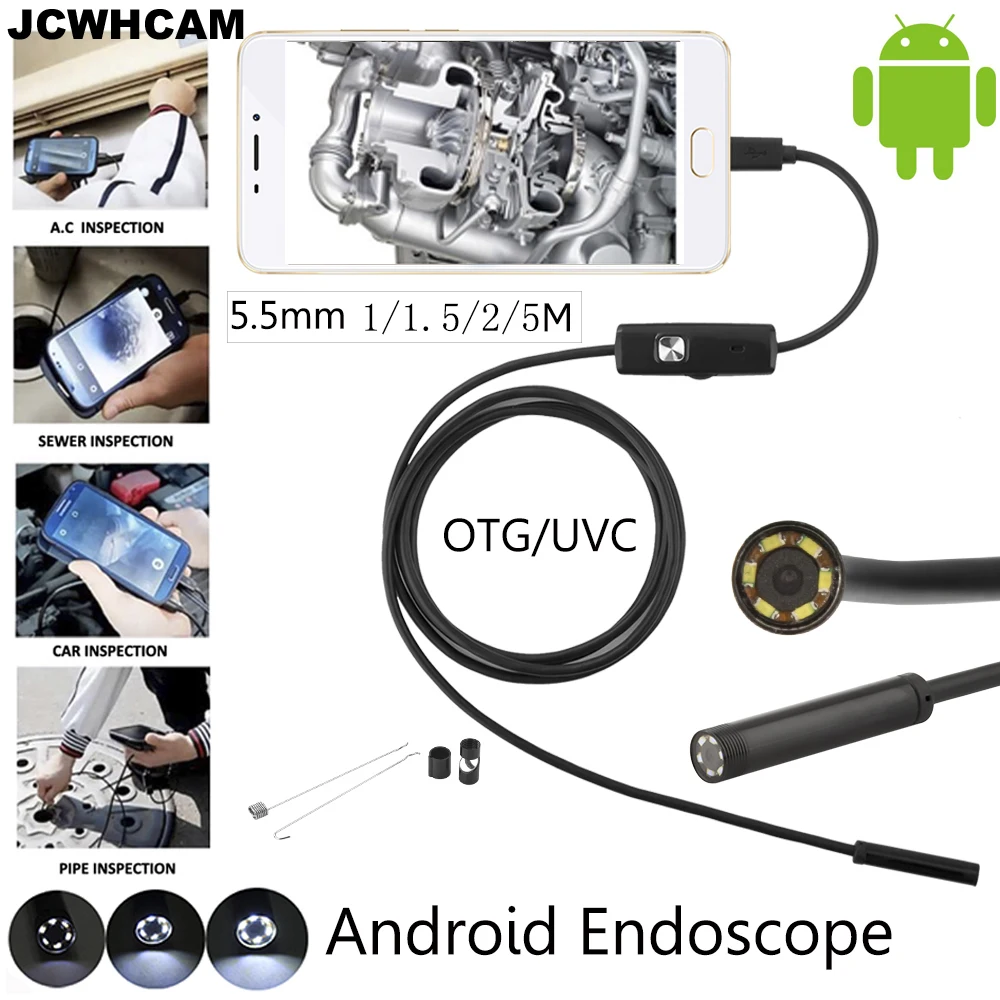 Koop JCWHCAM 5.5mm Lens Android OTG USB Endoscoop Camera 1 M 2 M 3.5 M 5 M Waterdichte Snake Pipe inspectie Android USB Borescope Camera