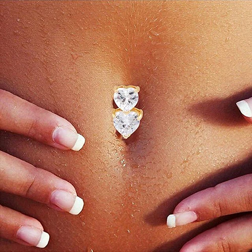 

Two Hearts Button Navel Ring Reverse Crystal Zircon Women Bar Belly Ring Gold Body Piercing Sexy Navel Barbell