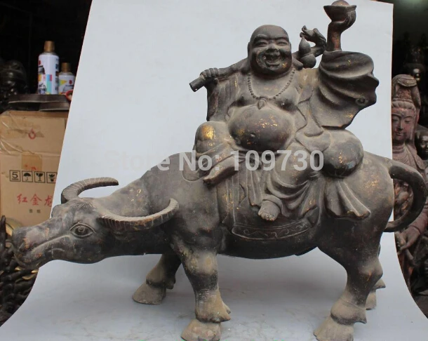 

bir 00137 26"Chinese Bronze Gilt Wealth Happy Laugh Maitreya Buddha On Bull Oxen Statue