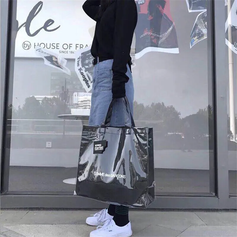 

2018 ladies black portable kraft paper shoulder shopping bag big bag fashion tote bag