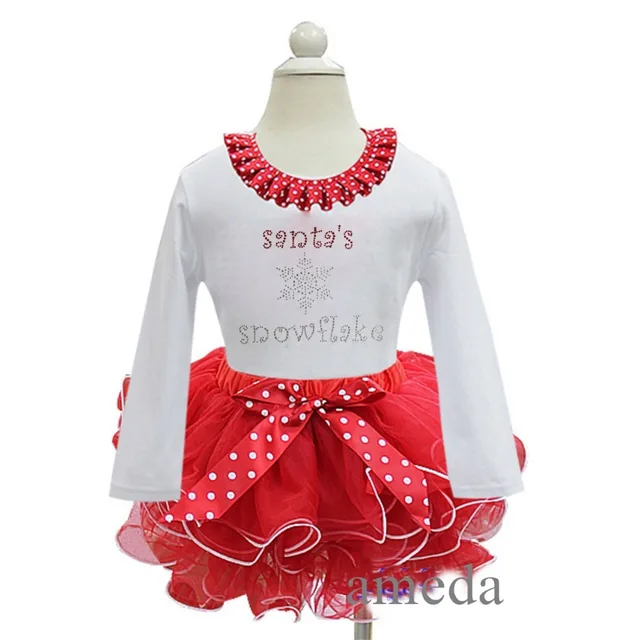Rhinestone Christmas Girls Outfits Red White Petal Pettiskirt With Rhinestone Christmas Girls Outfits Red White Petal Pettiskirt with Santa's Snowflake White Long Sleeves Tee 2 - Rhinestone Christmas Girls Outfits Red White Petal Pettiskirt With