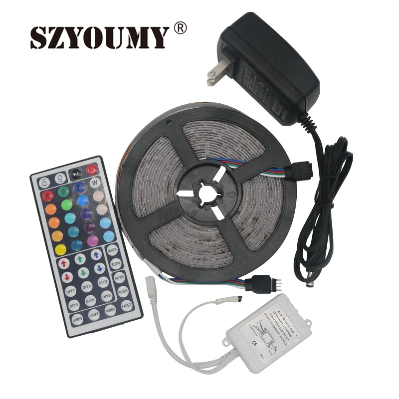 cheap SZYOUMY 10M RGB Led Strip 3528 Flexible Strip Light 60leds m SMD 300leds+44 Key IR Remote Controller+DC 12V 2A Power Adapter