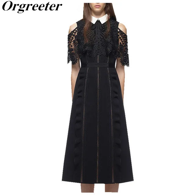 

Orgreeter High Quality Summer Dress 2017 Runway Women Vintage Off Shoulder Hollow Out Lace Cloak Sleeve Patchwork Party Dress