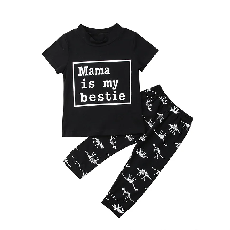 

2019 Summer Toddler Baby Boys Clothes Short Sleeve Letter Print Cotton T-shirt+Dinosaur Pant Legging Outfit Clothing Set DC026