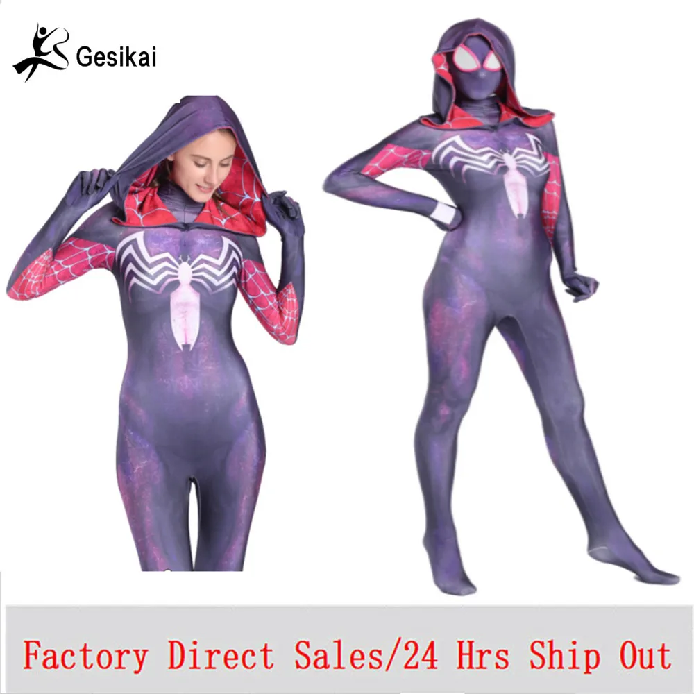 

Kids Adults Venomized Spider Gwen Cosplay Costumes Spandex Lycra Hooded Jumpsuits Kids Women Spider Gwen Halloween Costumes