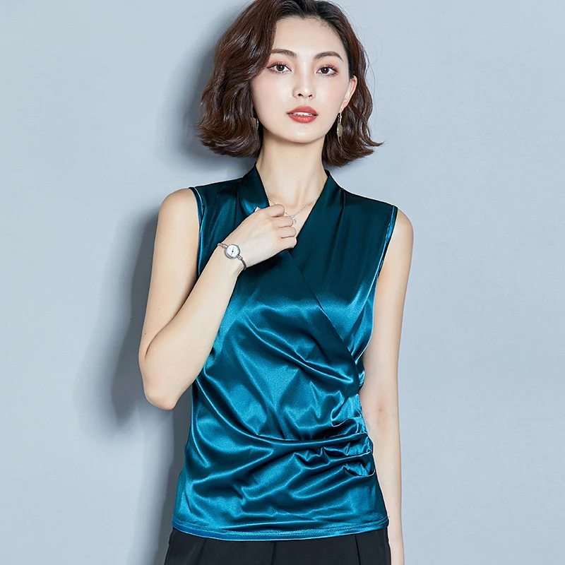 Korean Fashion Silk Women Blouses Satin Sleeveless Pink Women Shirts Plus Size XXXL Womens Tops and Blouses Ladies Tops - 33037776900