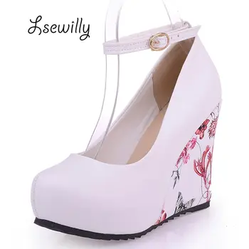 

Lsewilly Ankle Strap High Wedges Platform Summer Pumps For Women Casual Dress Elegant Flower Print Wedges Shoes woman AA311