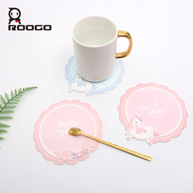 

Roogo Cartoon Silicone Mat Cup Coaster Drink Coasters Hot Insulation Pad Round Mats For Home Table Decorations Pink Placemat