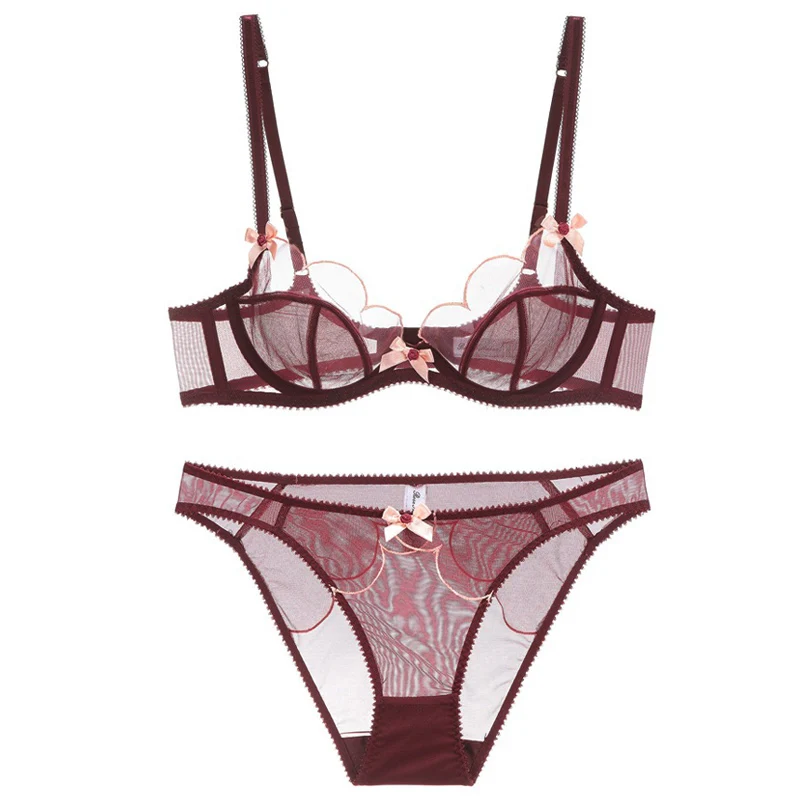 red bra set Transparent Bra Petal Shape Sexy Lingerie Set Underwire Bow Decoration Underwear Women Sexy Mesh Bra Set Seethrough lace bra panty set