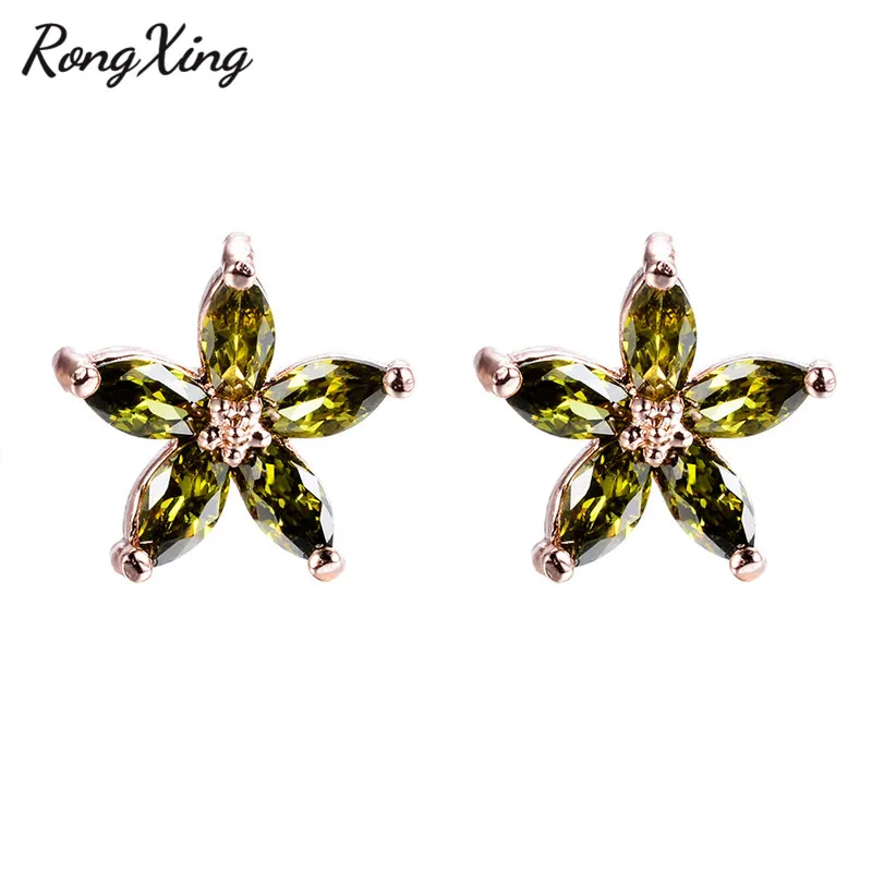 Rongxing старинный розовое золото заполненный оливковый зеленый цирконий серьги гвоздики для женщин камень свадебные серьги ювелирные изделия Ear0058
