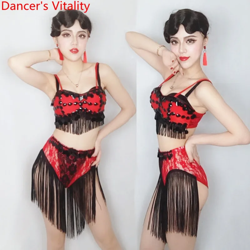 

New DS Performance Costume Western DJ Female Singer Nightclub Bar Red Tassel Lace Diamond Pole Jazz Dancing Stage Wear Clothes