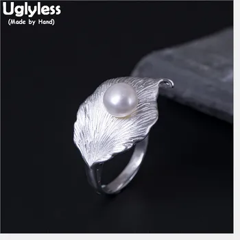 

Uglyless 100% Real 925 Sterling Silver Leaf Finger Rings for Women Natural Pearls Open Rings Personalized Big Leaves Fine Jewel
