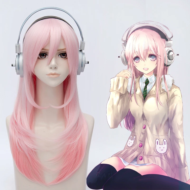 SUPERSONICO косплей парик для наушников реквизит Супер Sonico анимация гарнитура Soni-Ani Розовый Длинные прямые синтетические волосы для взрослых