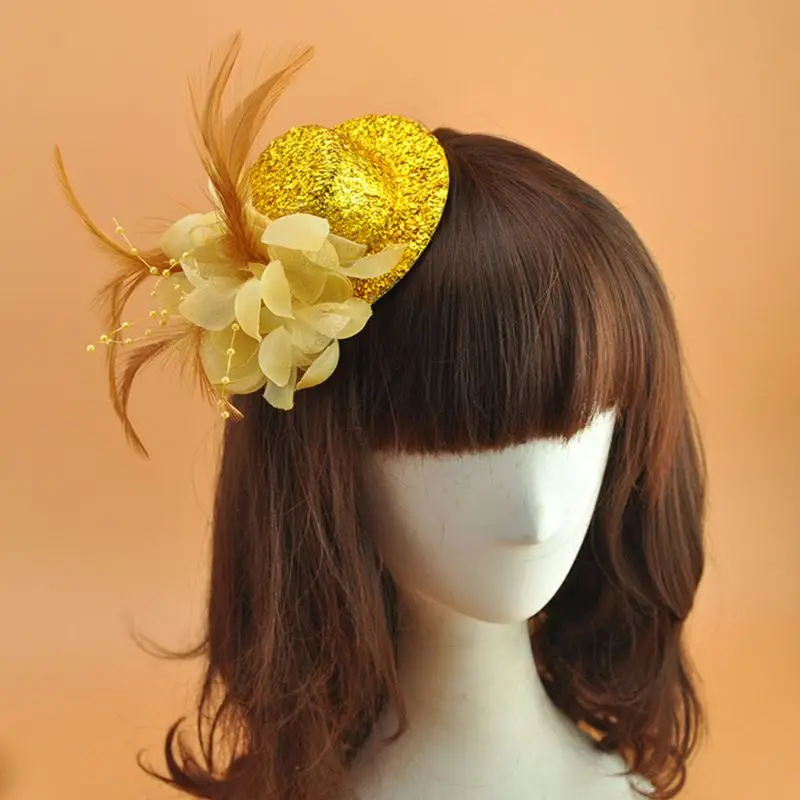 Для женщин и девочек, маленький фетровый Топпер 10 см, блестящая пудра, шляпа-чародей, цветок, перо, бисер, Аллигатор, заколка для волос, Свадебная вечеринка - Цвет: Золотой
