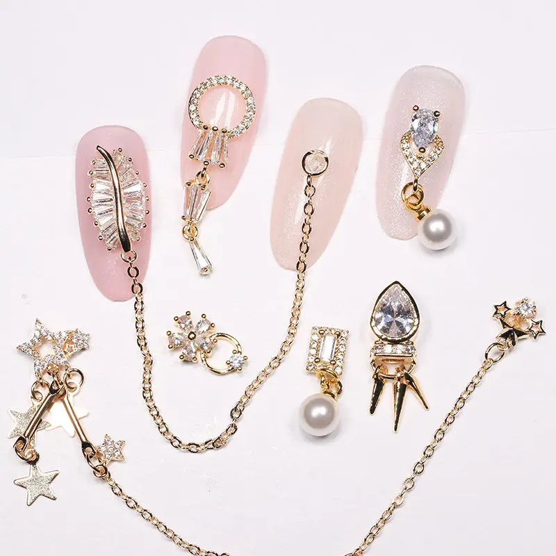 

5pcs/lot Star chain crystal zircon pearl pendant Nail Art Rhinestone metal manicure nail accessories Nail Decorations Nail charm