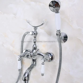 

Polished Chrome Bathtub Faucet Wall Mount Handheld Bath Tub Mixer System with Handshower Telephone Style Nna249