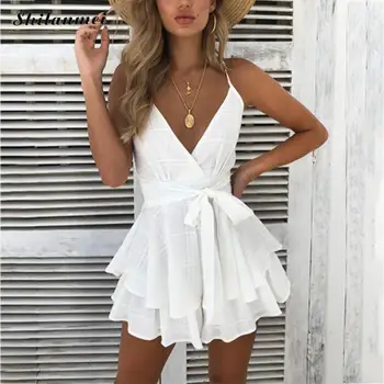 

Summer Short Jumpsuit Women 2019 Elegant Jumpsuit Spaghetti Strap Deep V Neck Ruffles Sexy Beach Playsuit Party Club Jumpsuits