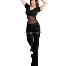 Горячая Распродажа, Кристальный хлопковый и сетчатый комплект для танца живота для женщин, короткий рукав, тренировочный костюм для танца живота, M L, 9 цветов