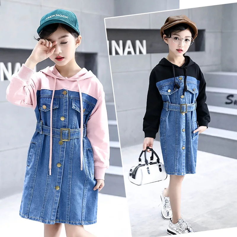

2019 New Kids Girls Long Sleeve Denim Dress With Sashes Children Hooded Jean Dress Teens Leisure Patchwork Vestidos Clothes Q315